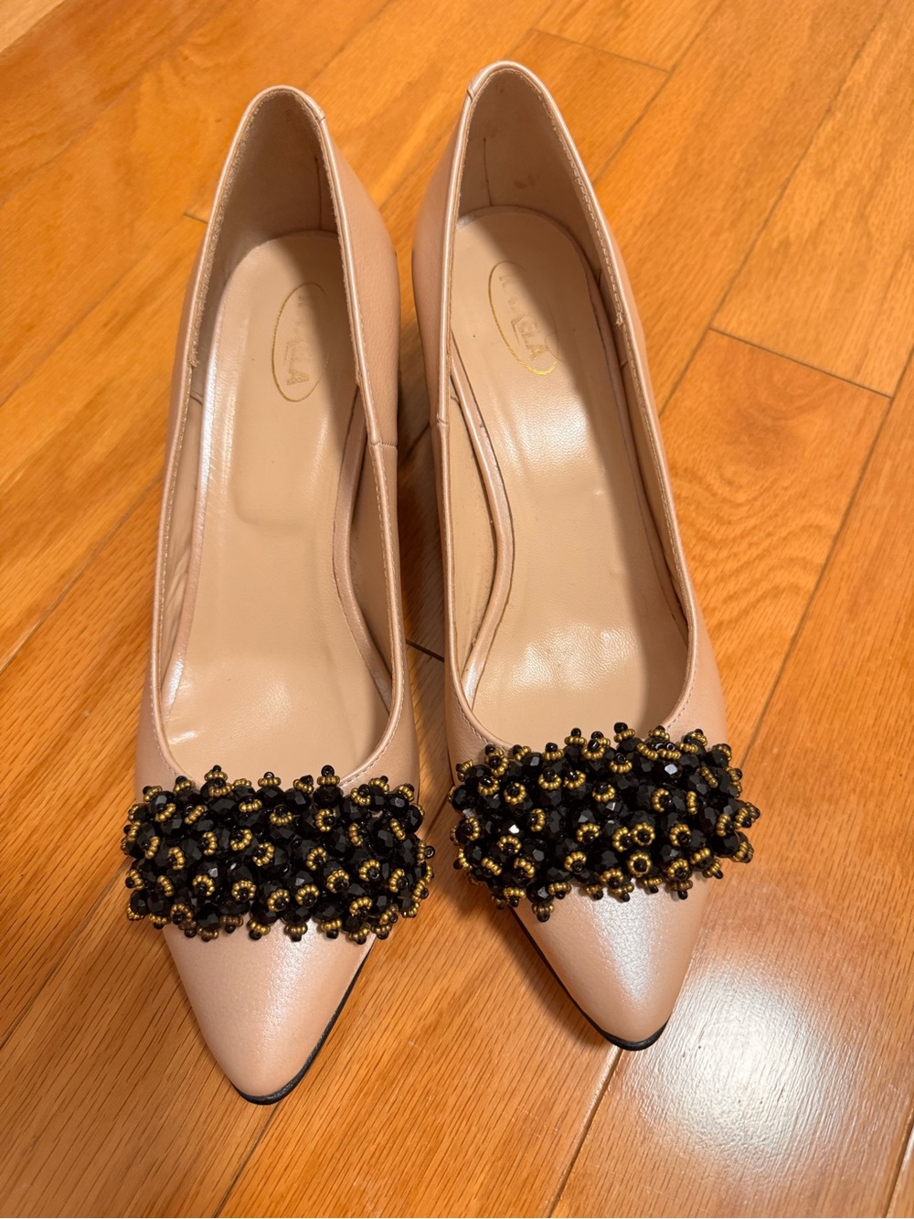Leather Pointed-Toe Heels with Sculpted Chic Heel & Black & Gold Beaded Detail
